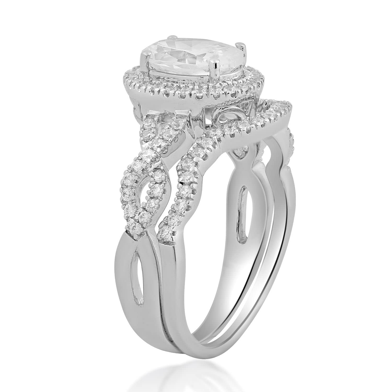 Jewelili Halo Bridal Ring in Sterling Silver with Oval and Round Shape Cubic Zirconia, Size 7