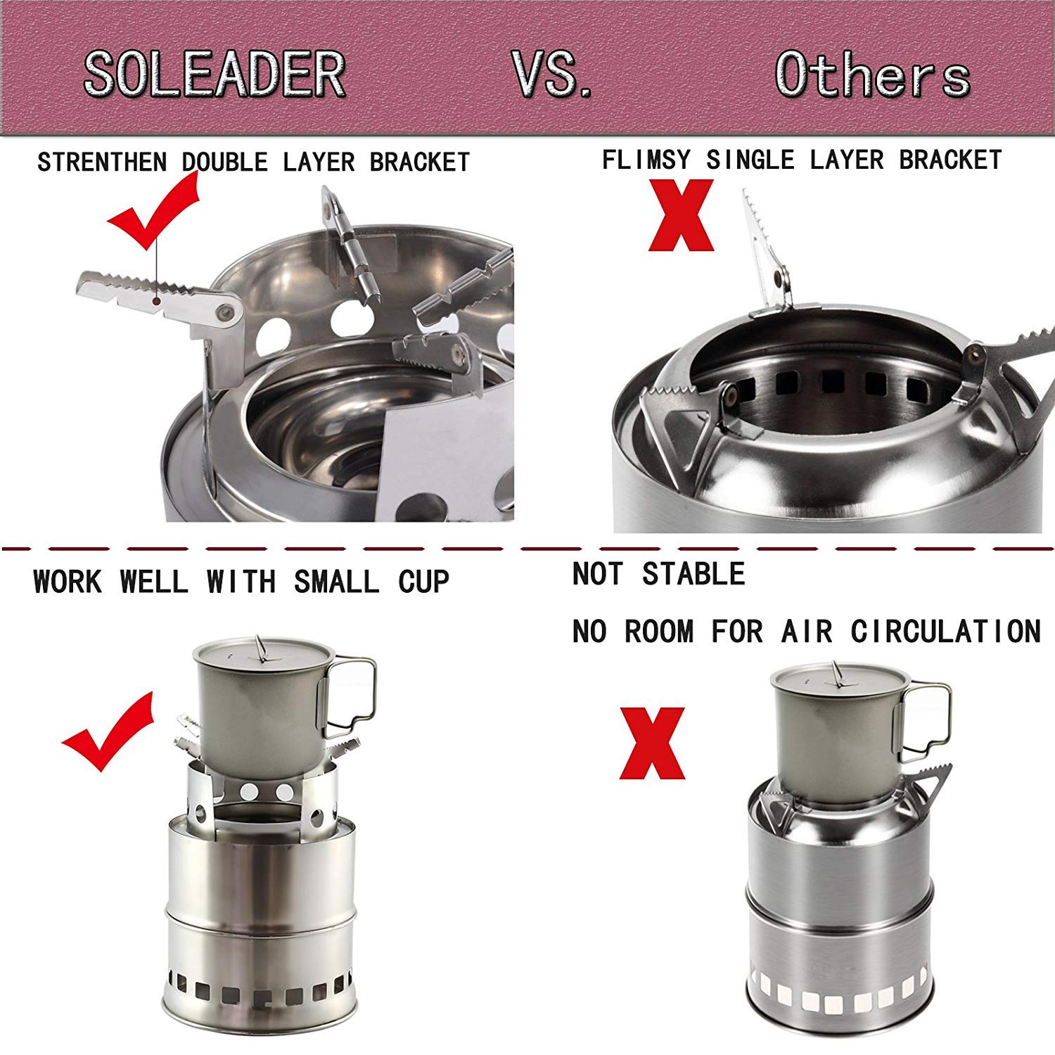 SOLEADER Portable Wood Burning Camp Stoves - Stainless Steel Compact Gasifier Stove - Twig Stove for Camping, Hiking, Picnic, BBQ, Backpacking The 3rd Generation