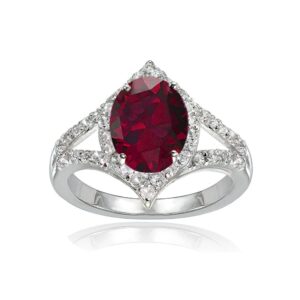 Lovve Sterling Silver Created Ruby & White Topaz Oval Fashion Split Shank Ring, Size 6