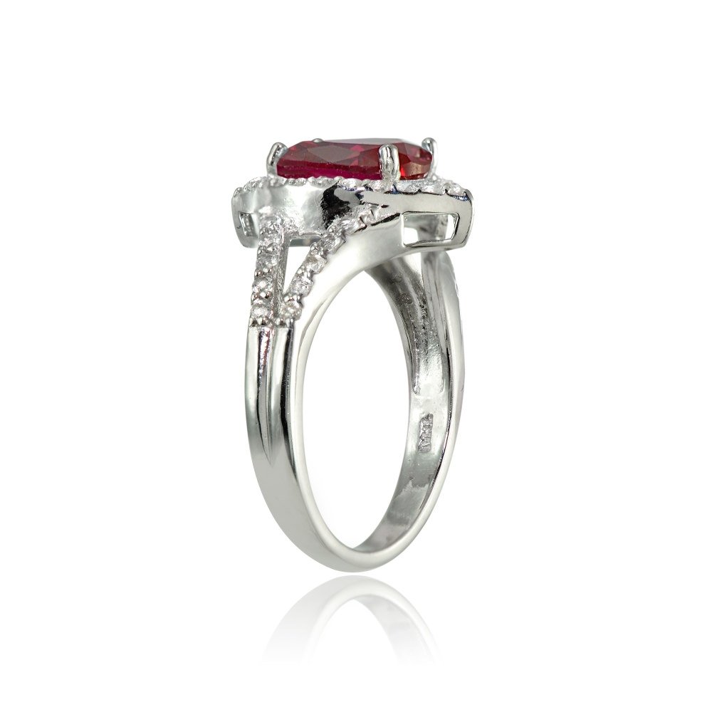 Lovve Sterling Silver Created Ruby & White Topaz Oval Fashion Split Shank Ring, Size 6