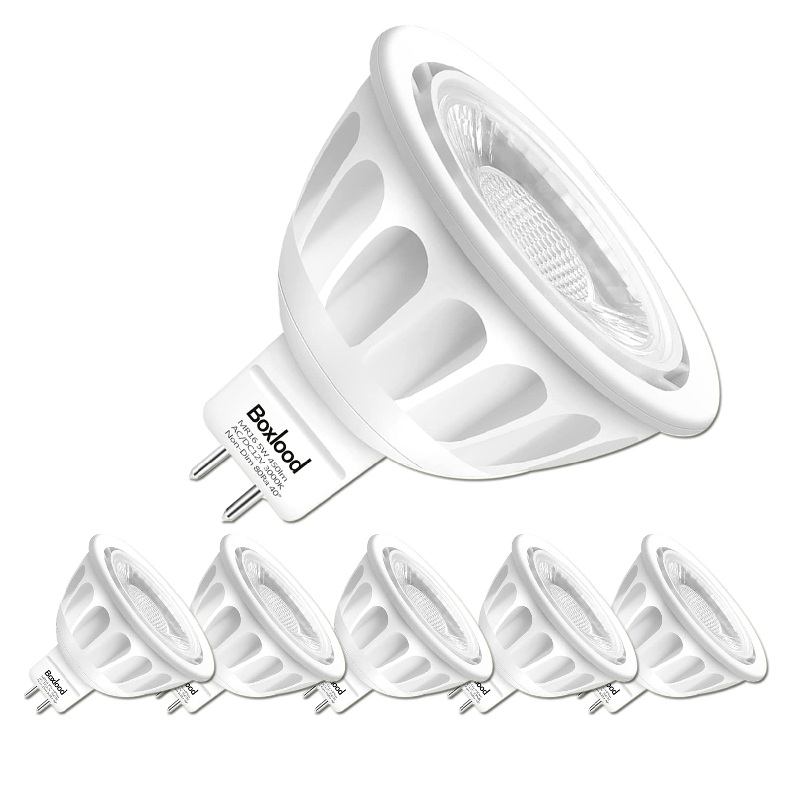 Boxlood MR16 LED Light Bulb Non Dimmable Comply with UL, 90% Energy Saving, 3000K Warm White, 40 Degree Beam Angle, AC/DC 12V, 5 Watts, 50W Halogen Bulb Equivalent, GU5.3 Bi-Pin Base, 6-Pack