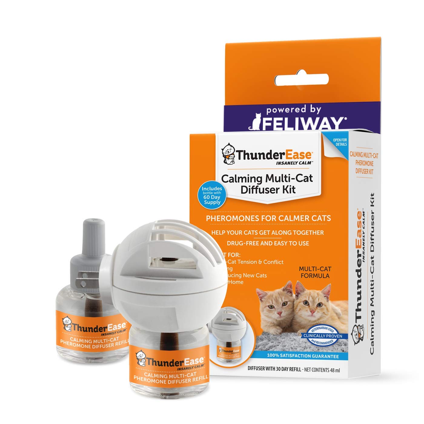 ThunderEase Multicat Calming Pheromone Diffuser Kit | Powered by FELIWAY | Reduce Cat Conflict, Tension and Fighting (60 Day Supply)