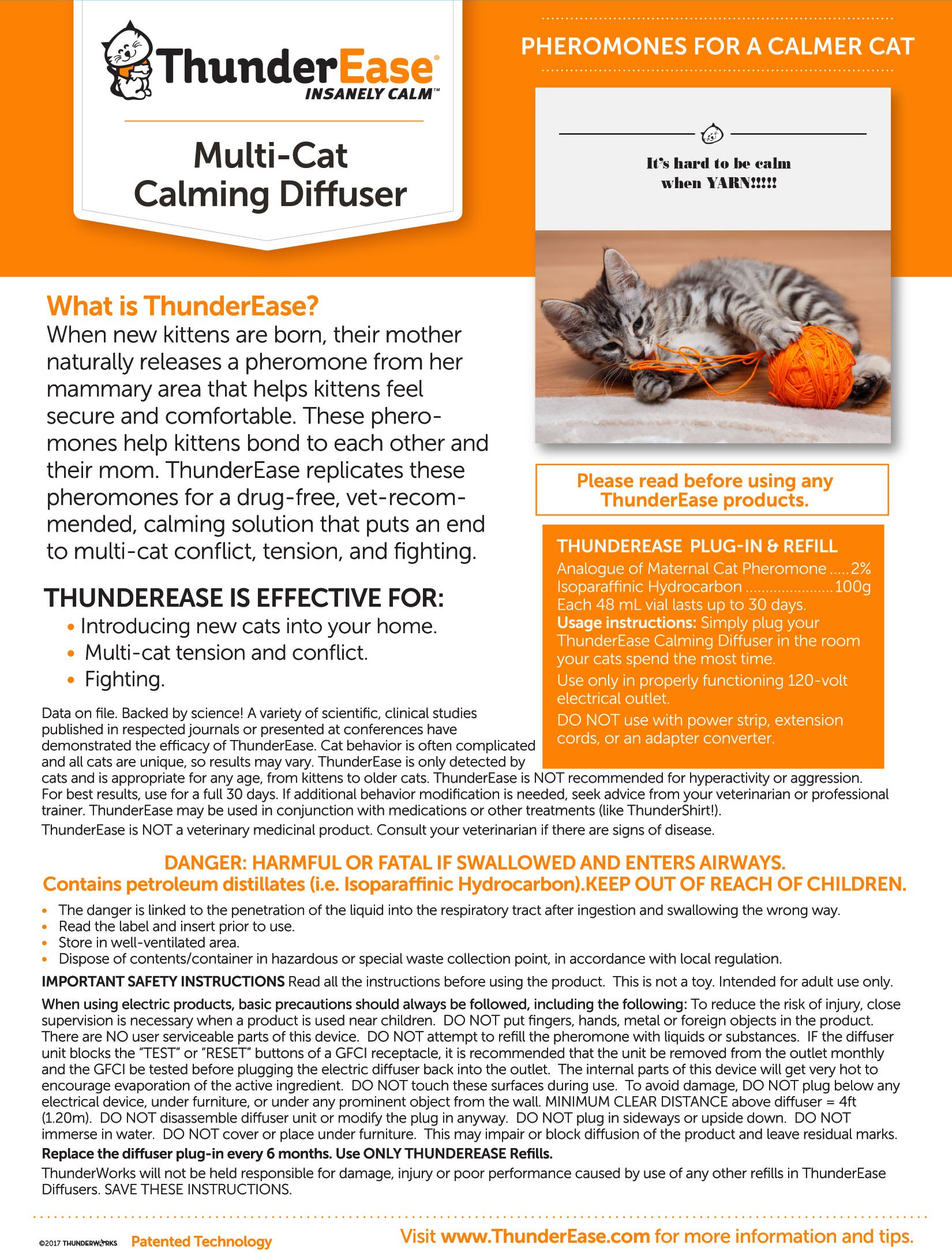 ThunderEase Multicat Calming Pheromone Diffuser Kit | Powered by FELIWAY | Reduce Cat Conflict, Tension and Fighting (60 Day Supply)