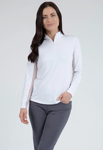 IBKUL Athleisure Wear Sun Protective UPF 50+ Icefil Cooling Tech Long Sleeve Mock Neck Top with Under Arm Mesh 80000 White Solid M