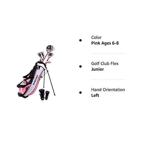 Distinctive Girls Pink Junior Golf Club Set for Age 6 to 8 ( Height 3'8" to 4'4" ), Left Handed Only, Set Includes: Driver, Hybrid Wood, 2 Irons, Putter, Bonus Stand Bag & 2 Headcovers