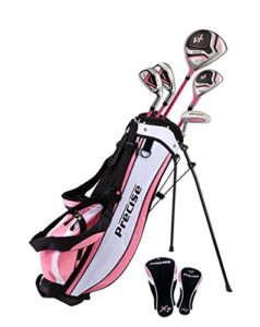 distinctive girls pink junior golf club set for age 6 to 8 ( height 3'8" to 4'4" ), left handed only, set includes: driver, hybrid wood, 2 irons, putter, bonus stand bag & 2 headcovers