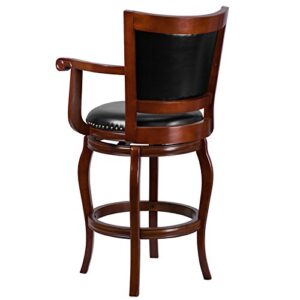 Flash Furniture Vestina 30" LeatherSoft Barstool with Footrest and Arms, Classic Ladder Back Upholstered Bar Height Stool, Cherry Wood/Black