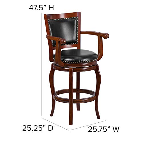 Flash Furniture Vestina 30" LeatherSoft Barstool with Footrest and Arms, Classic Ladder Back Upholstered Bar Height Stool, Cherry Wood/Black