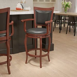 Flash Furniture Vestina 30" LeatherSoft Barstool with Footrest and Arms, Classic Ladder Back Upholstered Bar Height Stool, Cherry Wood/Black