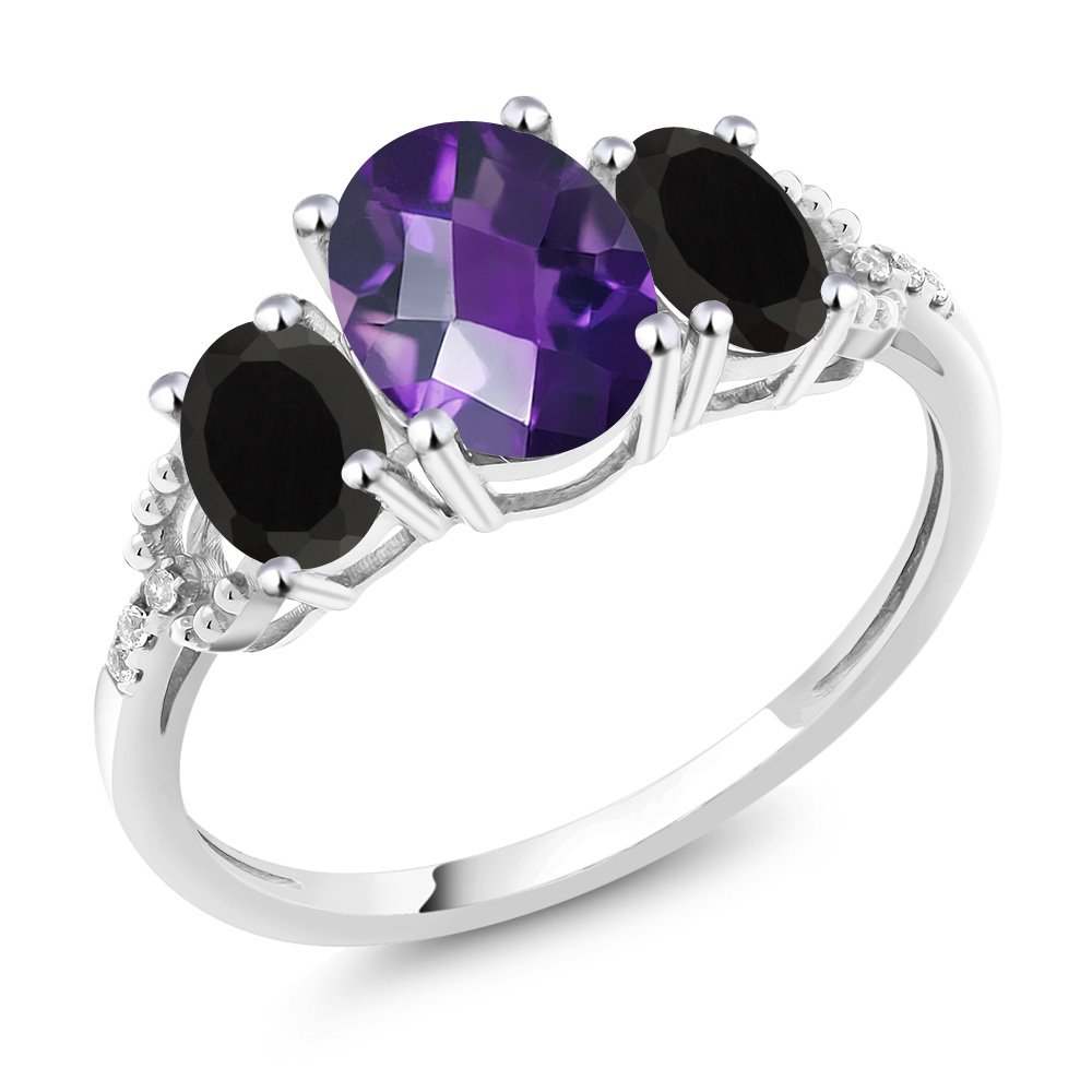 Gem Stone King 10K White Gold Checkerboard Purple Amethyst Black Onyx and Diamond Accent 3-Stone Engagement Ring For Women (1.83 Cttw, Gemstone Birthstone) (Size 7)