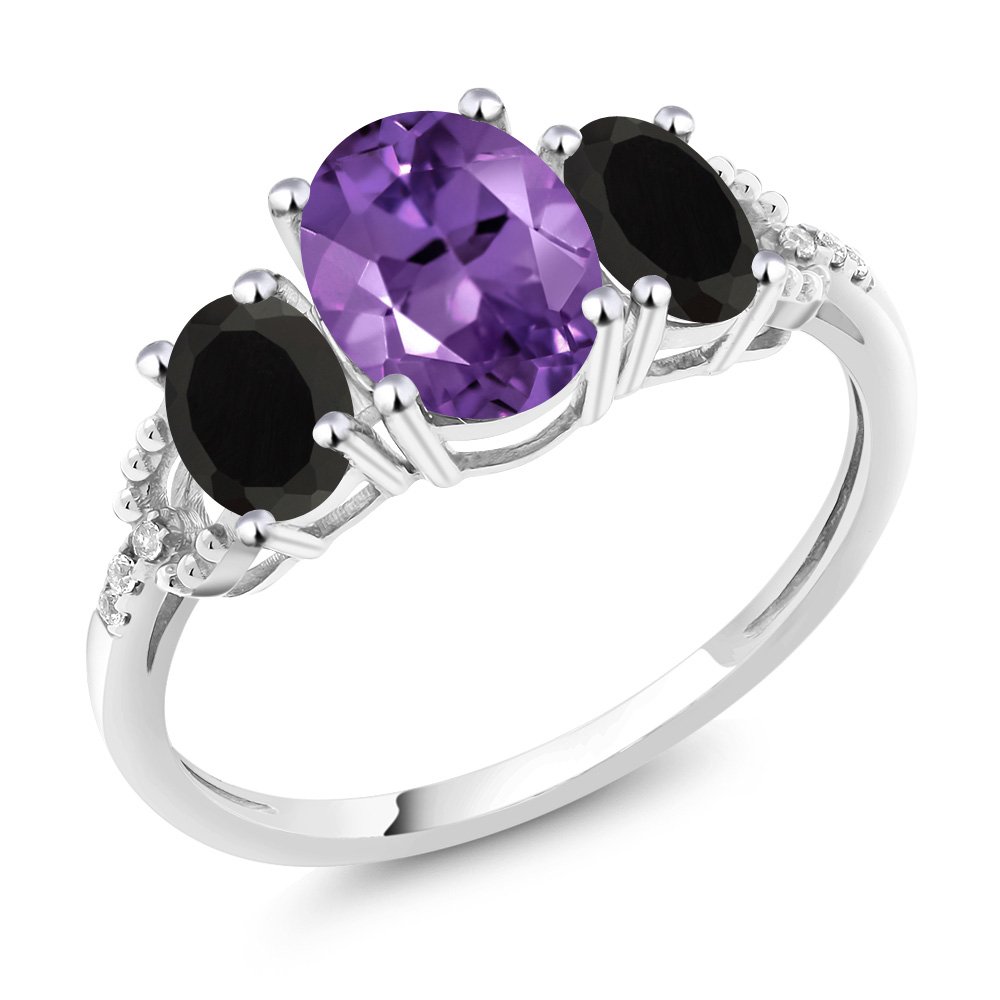 Gem Stone King 10K White Gold Oval Purple Amethyst Black Onyx and White Diamond Accent 3-Stone Women Engagement Ring (1.83 Cttw, Gemstone Birthstone) (Size 5)