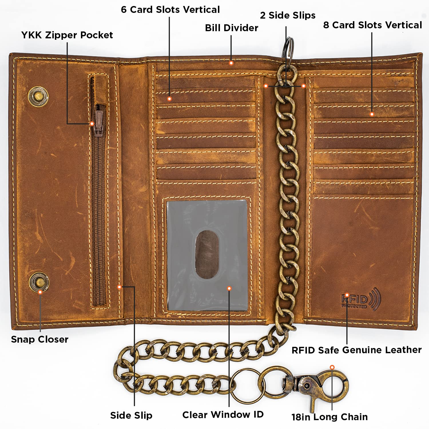 RFID Blocking Mens Tri-fold Long Style Cowhide Leather Chain Wallet Designed in the USA (vintage Brown)