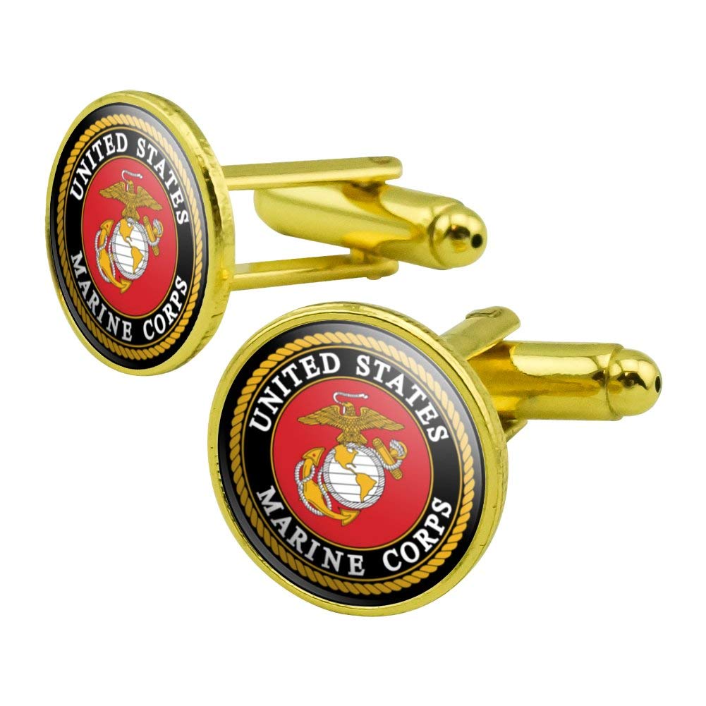 Marines USMC Emblem Black Yellow Red Officially Licensed Round Cufflink Set Gold Color