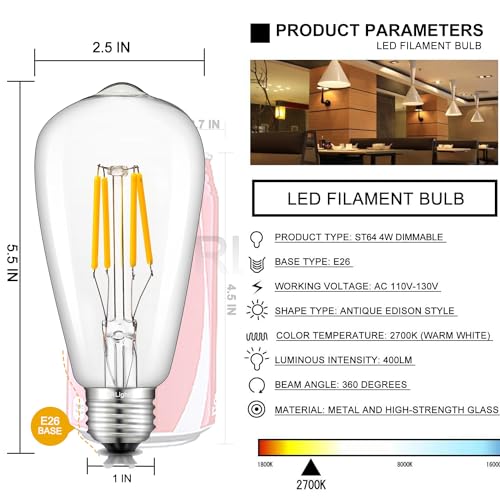 CRLight Dimmable LED Edison Bulb 4W 2700K Warm White, 400LM 40W Incandescent Equivalent Vintage ST64 / ST21 E26 Clear Glass LED Filament Bulbs, Pack of 6