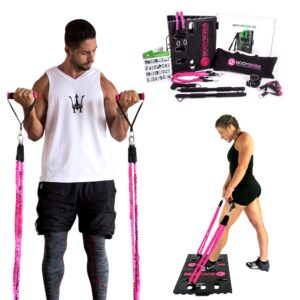 bodyboss 2.0 - full portable home gym workout package + resistance bands - collapsible resistance bar, pkg4-pink (pink - full gym + extra bands)