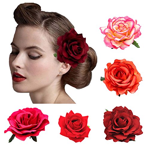 DRESHOW 5 Pcs Rose Hair Clip Flower Bridal Hair Pins Rose Brooch Floral Clips Head Ornament Wedding Hair Accessories Flamenco Dancer Hair Clip for Women Girls