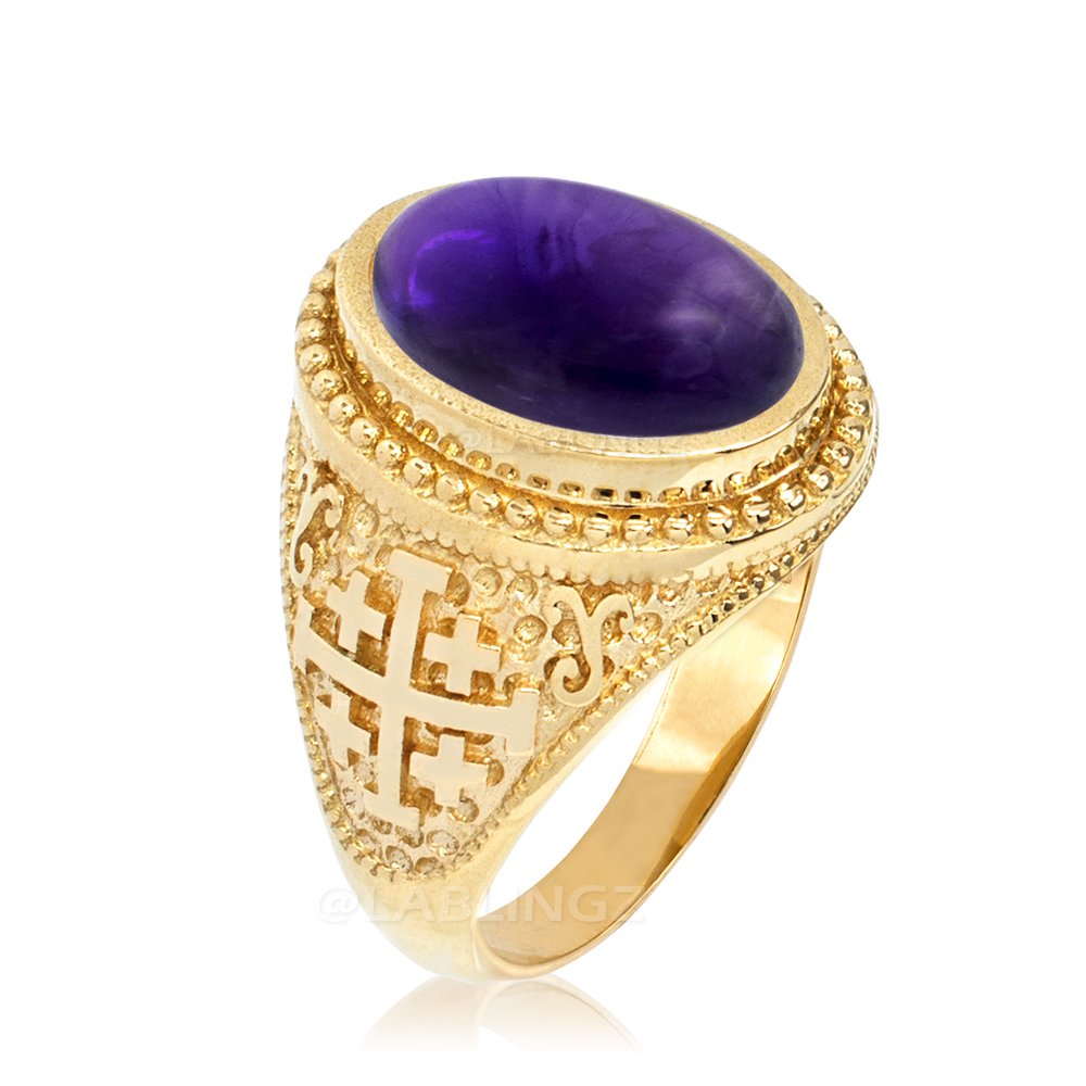 Religious Jewelry by LABLINGZ 14K Yellow Gold Jerusalem Cross Purple Amethyst Cabochon February Birthstone Ring (10.5)