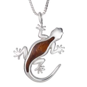 925 sterling silver koa wood gecko pendant with 18" box chain, nickel free hypoallergenic for sensitive skin, hawaii island jewelry, gift box included (gecko sideways)