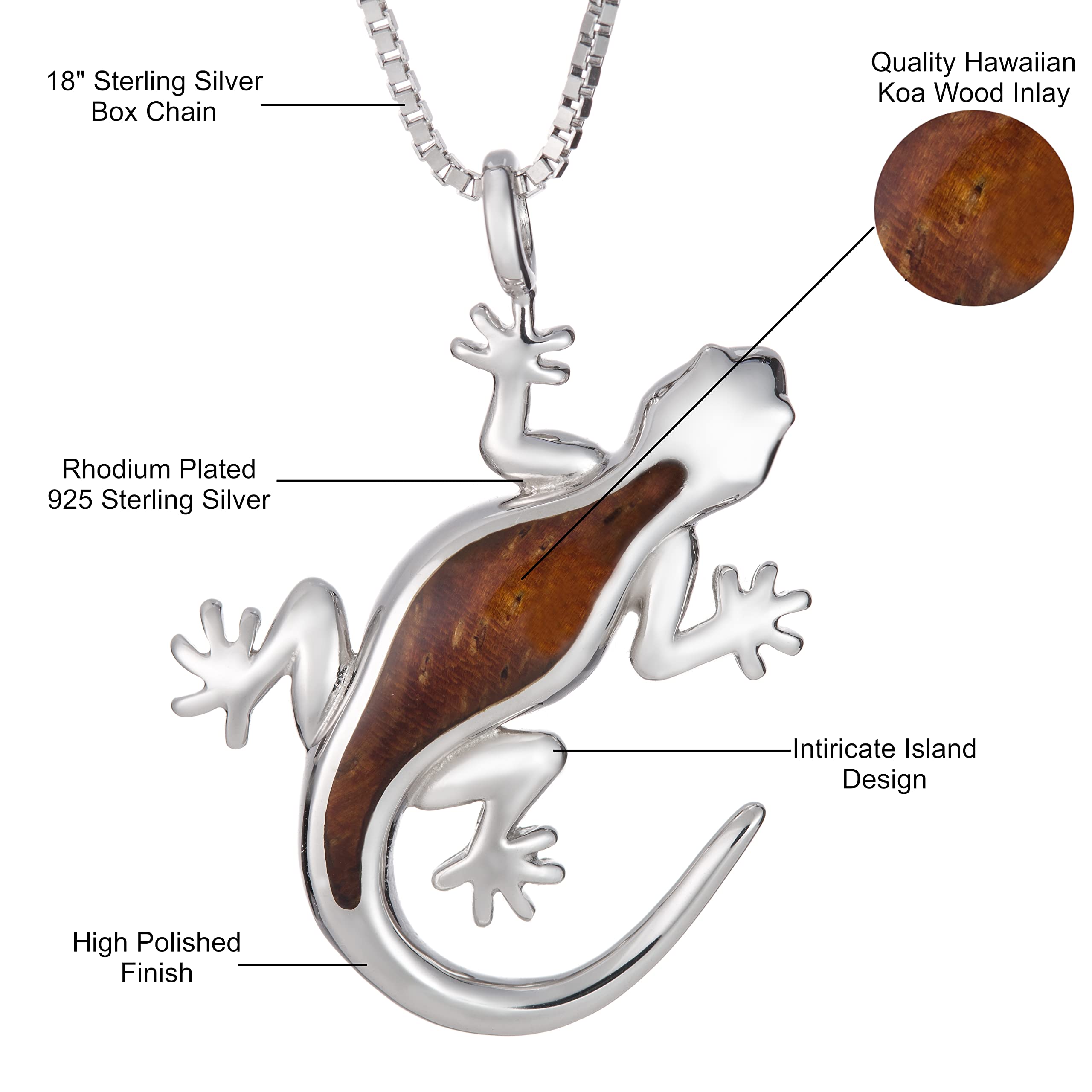 925 Sterling Silver Koa Wood Gecko Pendant with 18" Box Chain, Nickel Free Hypoallergenic for Sensitive Skin, Hawaii Island Jewelry, Gift Box Included (Gecko Sideways)