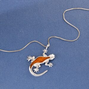 925 Sterling Silver Koa Wood Gecko Pendant with 18" Box Chain, Nickel Free Hypoallergenic for Sensitive Skin, Hawaii Island Jewelry, Gift Box Included (Gecko Sideways)