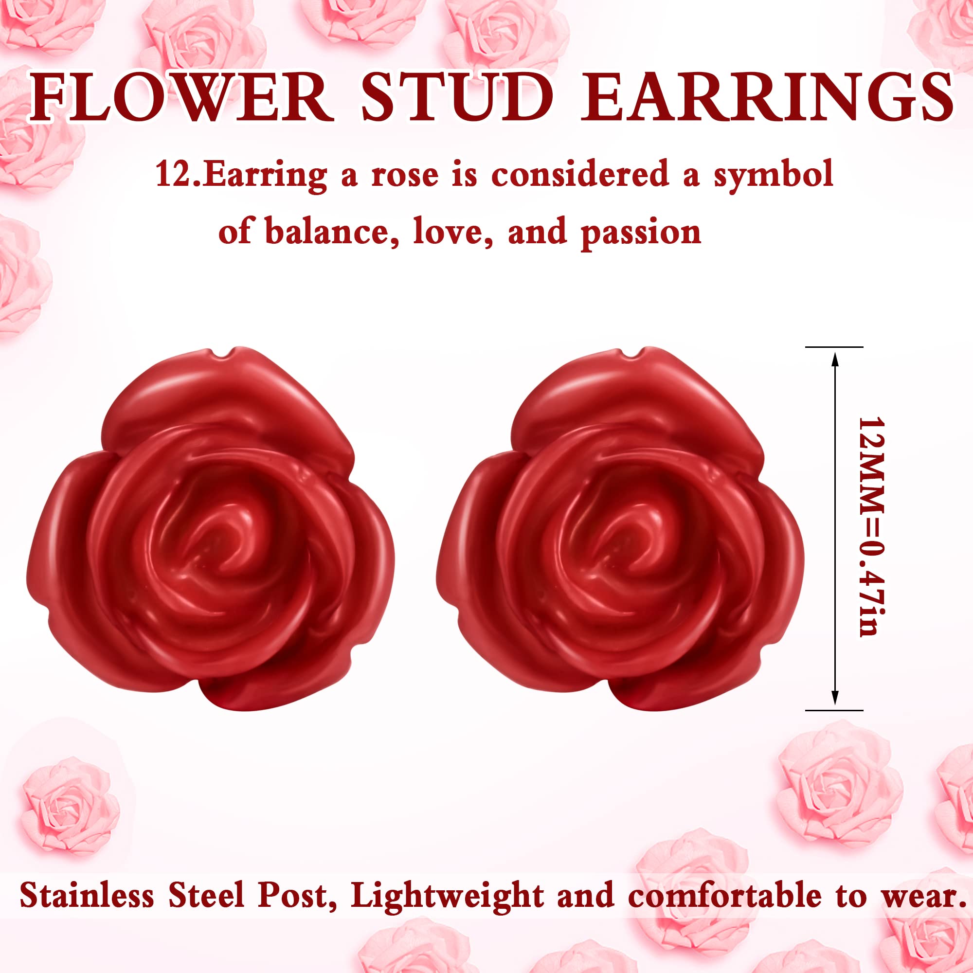 LOYALLOOK 12 Pairs Assorted Colors Resin Rose Flower Earring Studs Set Stainless Steel Post,Nickel-free 10MM