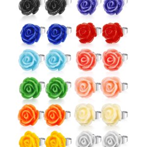 LOYALLOOK 12 Pairs Assorted Colors Resin Rose Flower Earring Studs Set Stainless Steel Post,Nickel-free 10MM