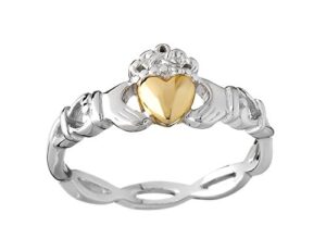 biddy murphy, women's claddagh ring, 10k yellow gold heart & 925 sterling silver weave band, size 8