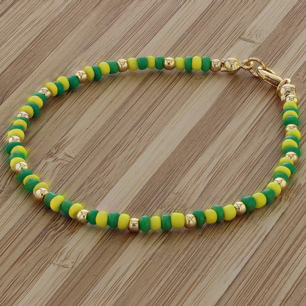 In Season Jewelry Gold Plated Green and Yellow Beaded Babalawo Unisex Orula Bracelet 7" Stylish Protection Beaded Orula Bracelet for Teens and Adult Men & Women