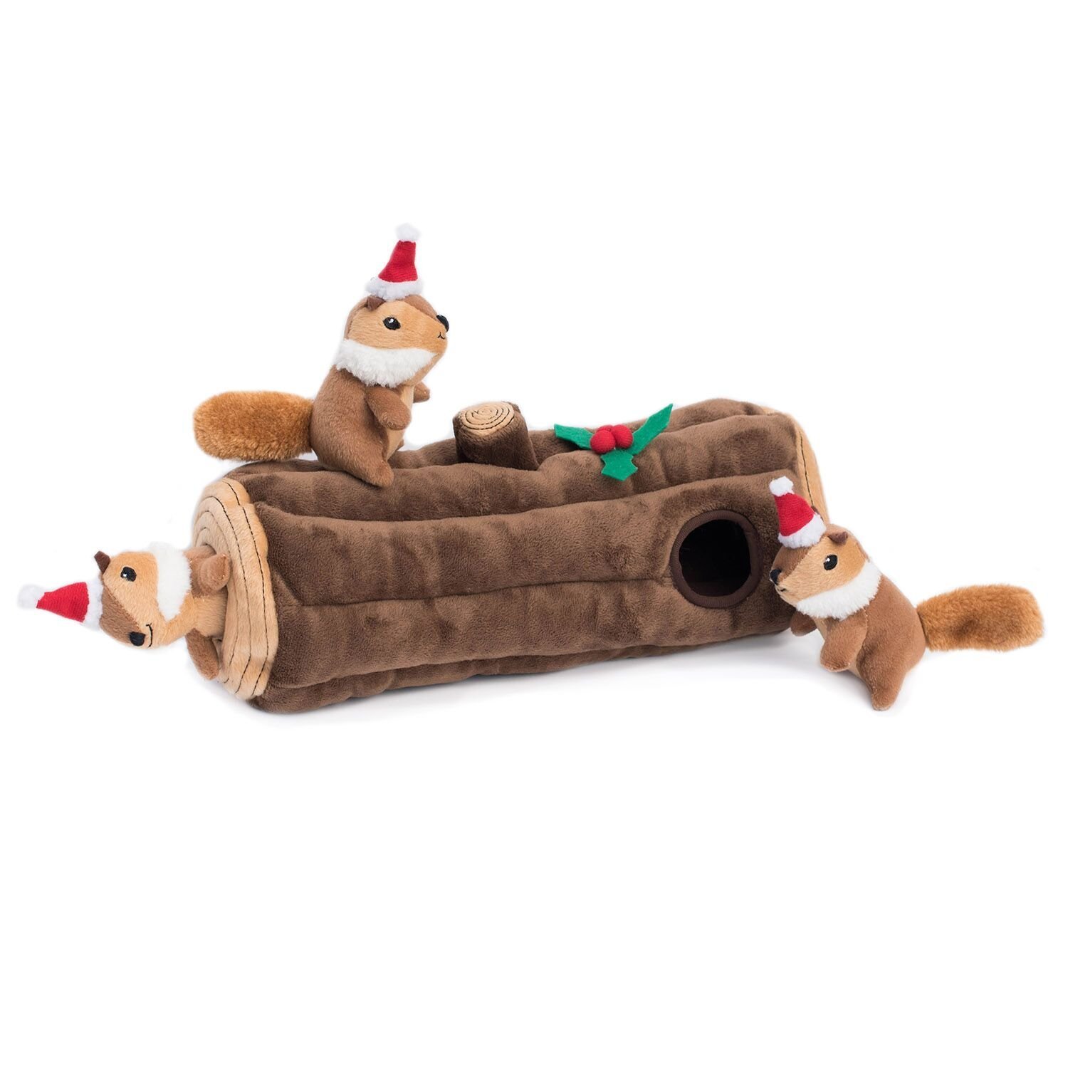 ZippyPaws Holiday Burrow Interactive Dog Toys - Hide and Seek Dog Toys and Puppy Toys, Colorful Squeaky Dog Toys, and Plush Dog Puzzles, Yule Log