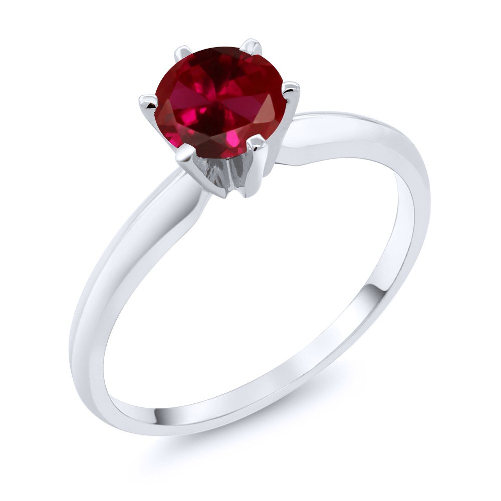 Gem Stone King 14K White Gold Red Created Ruby Women Engagement Solitaire 6-Prong Ring (1.00 Cttw, Gemstone Birthstone) (Size 7)