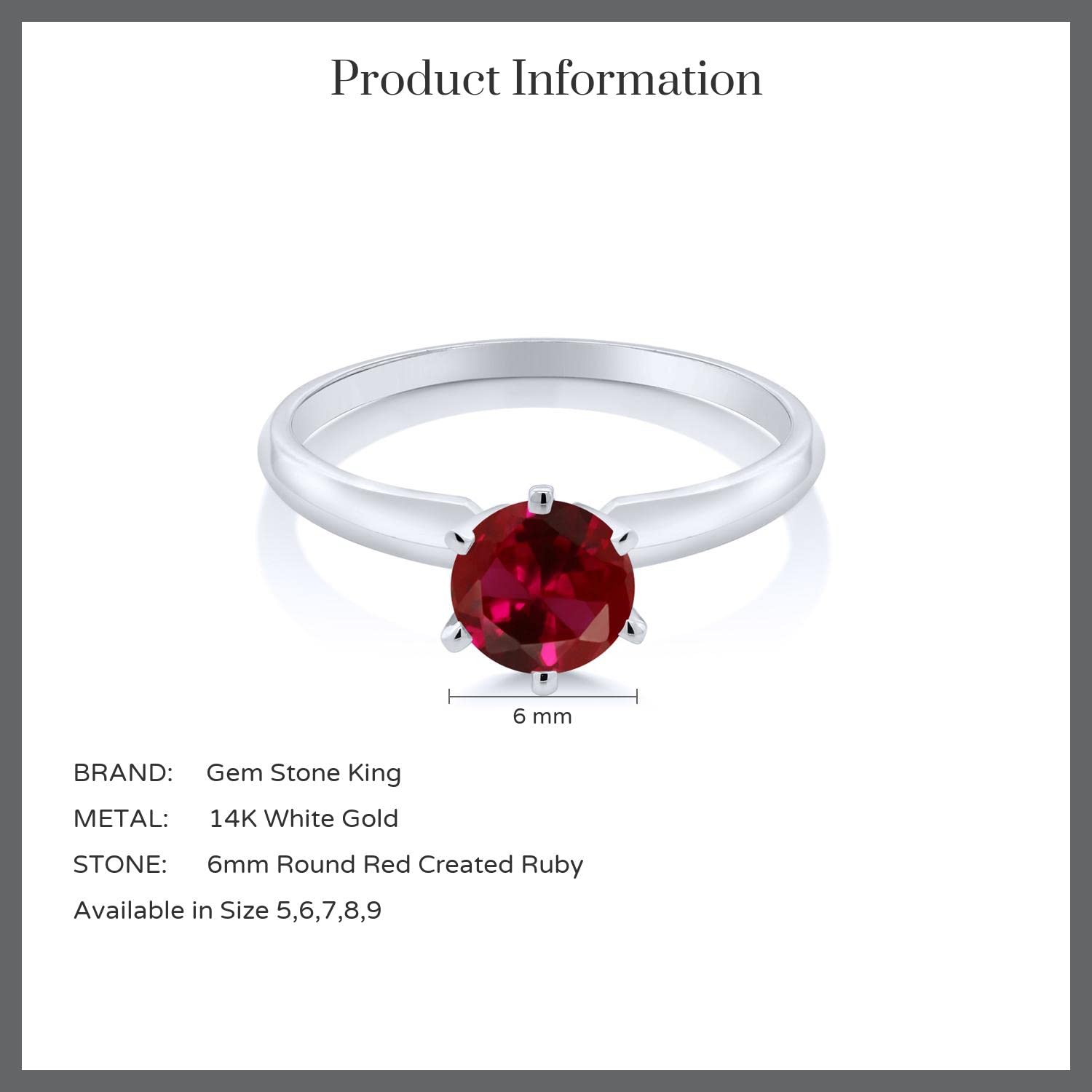 Gem Stone King 14K White Gold Red Created Ruby Women Engagement Solitaire 6-Prong Ring (1.00 Cttw, Gemstone Birthstone) (Size 7)