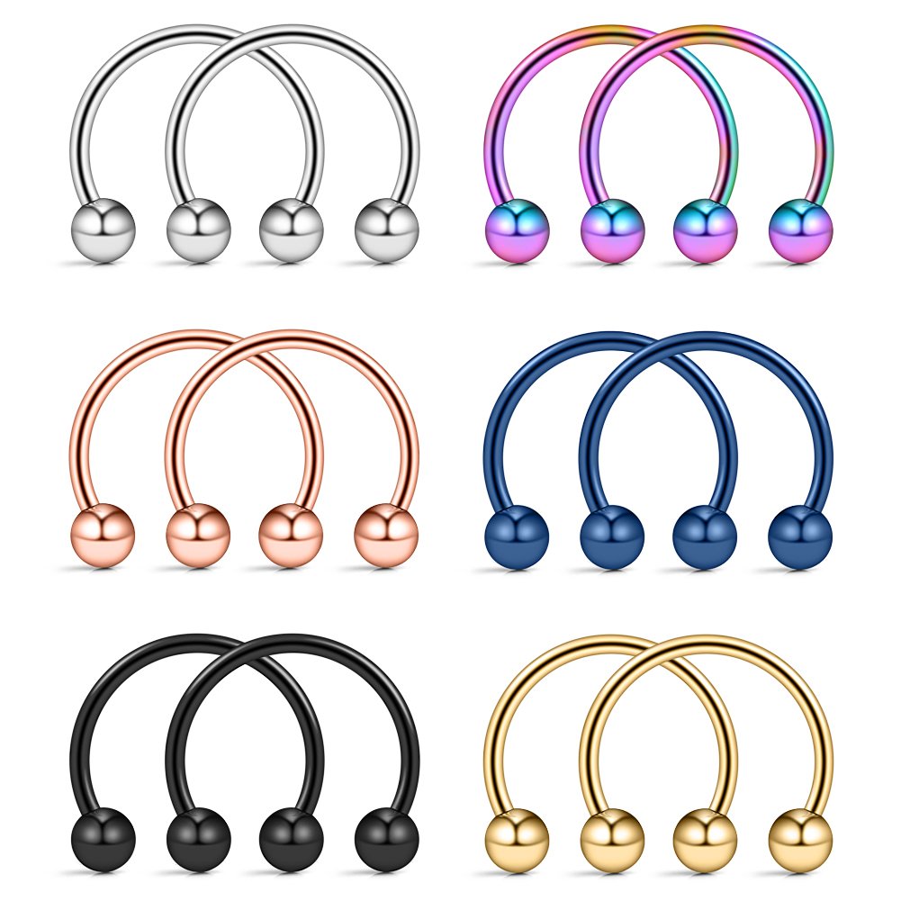 Ruifan 316L Surgical Steel CBR Horseshoe Circular Rings Nose Eyebrow Tragus Lip Ear Hoop Ring Piercing 20G 10MM 12PCS (Mix Color)