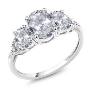 Gem Stone King 10K White Gold White Topaz and Diamond Accent 3-Stone Engagement Ring For Women (2.35 Cttw) (Size 9)