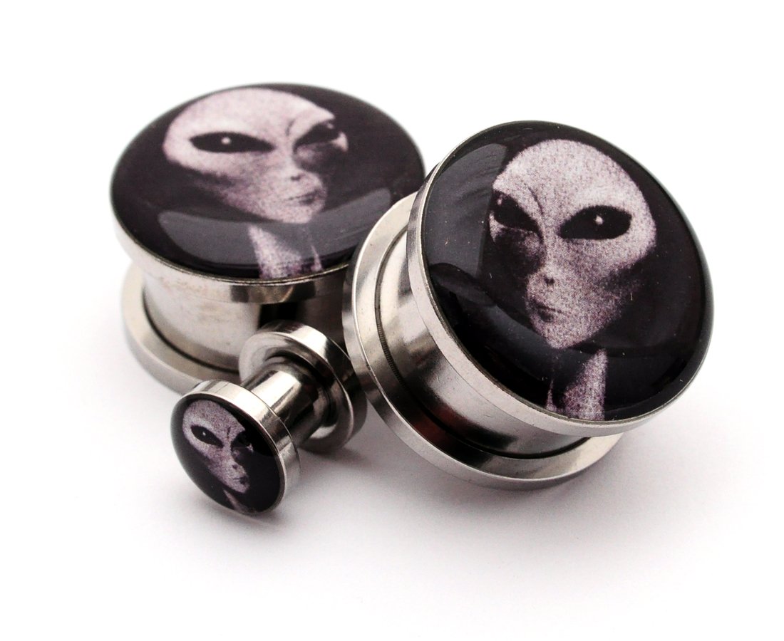 Mystic Metals Body Jewelry Screw on Plugs - Alien Picture Plugs - Sold As a Pair (10g (2.5mm))