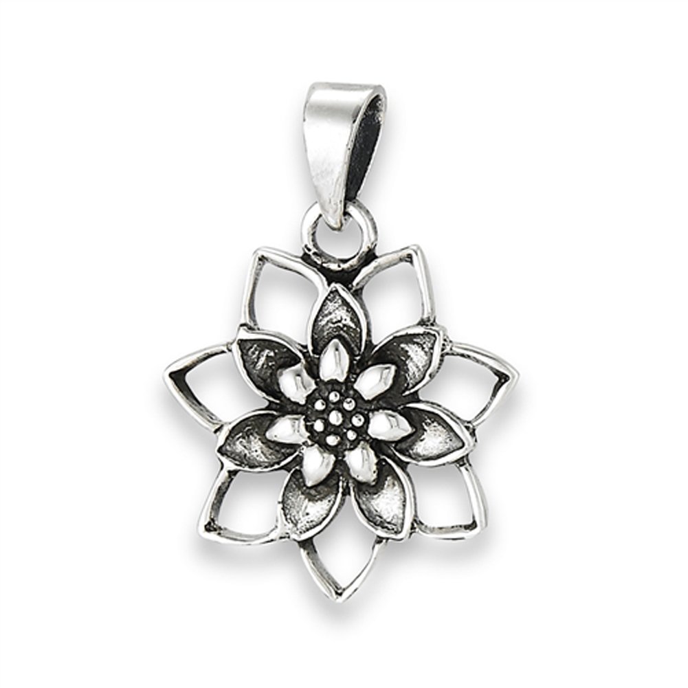 Floral Lotus Pendant .925 Sterling Silver Cutout Detailed Flower Oxidized Charm