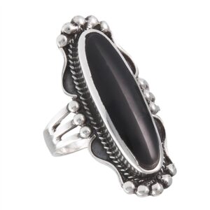 Long Simulated Black Onyx Bali Rope Halo Beaded Ring .925 Sterling Silver Band Size 9