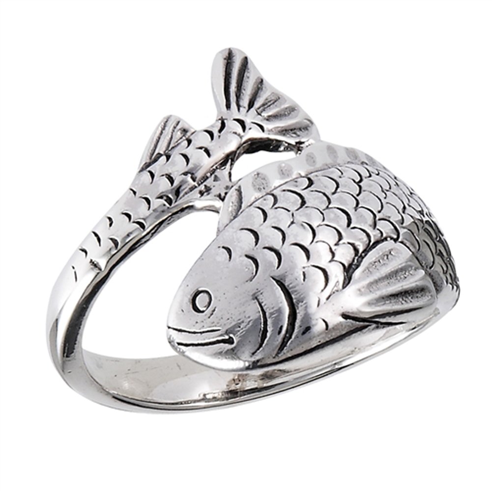 Oxidized Detailed Fish Wrap Animal Ring New .925 Sterling Silver Band Size 10