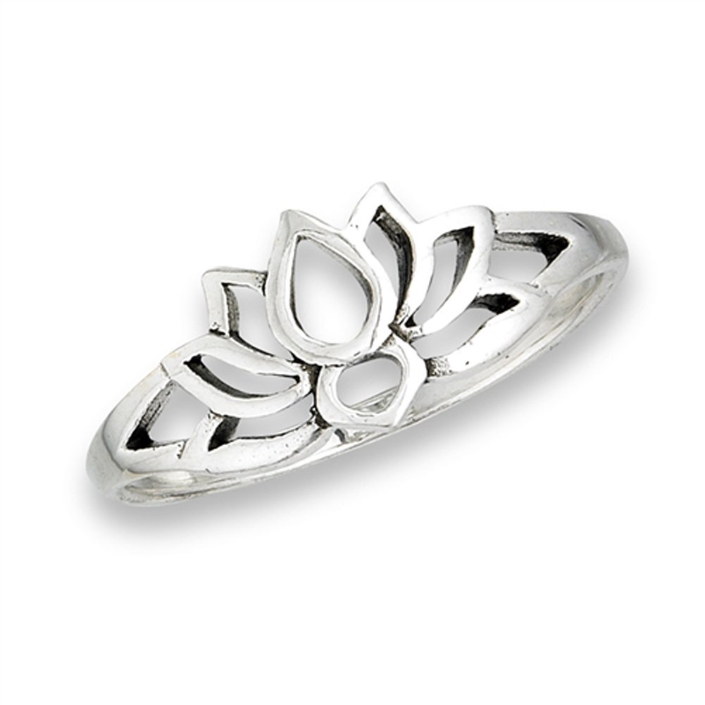 Oxidized Lotus Flower Filigree Vintage Ring .925 Sterling Silver Band Size 7