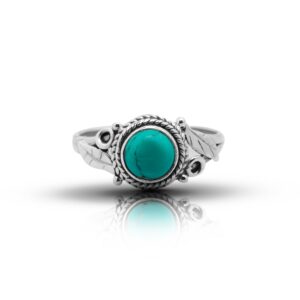 Koral Jewelry Synthetic Turquoise Feathers Sides Round Stone Ring 925 Sterling Silver Vintage Tribal Gypsy Boho Look US Size 6 7 8 9 (9)