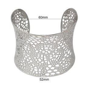 COUYA Wide Big Women Bangle Bracelets Flower Carving Design Stainless Steel Wrist Cuff Bangle (leaf)