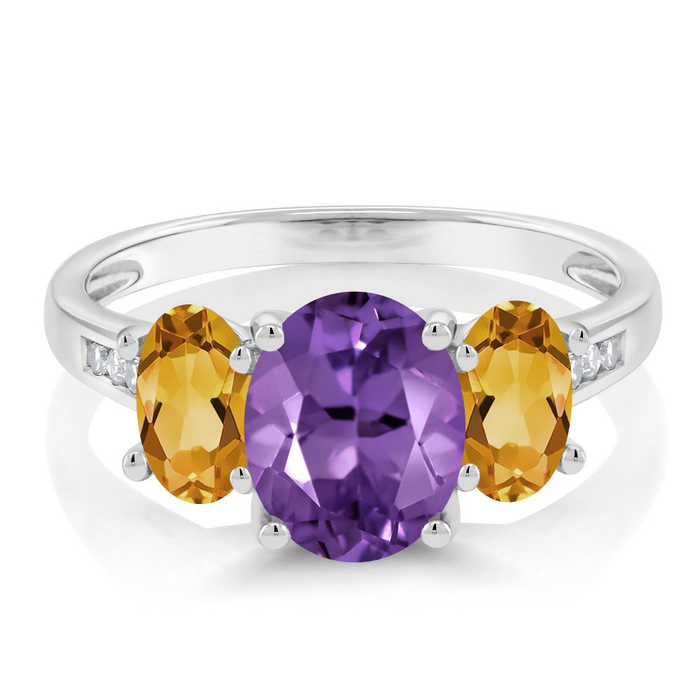 Gem Stone King 10K White Gold Purple Amethyst Yellow Citrine and White Diamond Oval 3-Stone Engagement Ring For Women (1.80 Cttw, Gemstone February Birthstone, Available In Size 5, 6, 7, 8, 9)