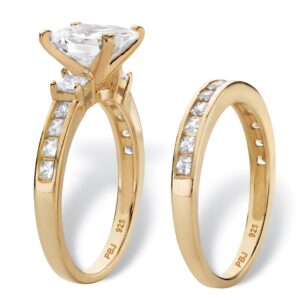 PalmBeach Yellow Gold-Plated or Platinum-Plated Sterling Silver Princess Cut Cubic Zirconia Bridal Ring Set Size 8