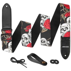 amumu rose skull guitar strap -extra-long leather ends. ideal for electric and acoustic guitars, bass accessories.