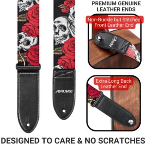 Amumu Rose SKull Guitar Strap -Extra-Long Leather Ends. Ideal for Electric and Acoustic Guitars, Bass Accessories.