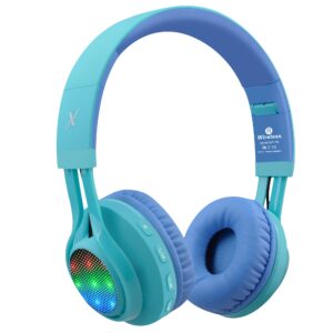 riwbox wt-7s kids bluetooth headphones, led light up wireless foldable stereo headset with microphone and volume control for pc/tablet/tv/travel (blue)