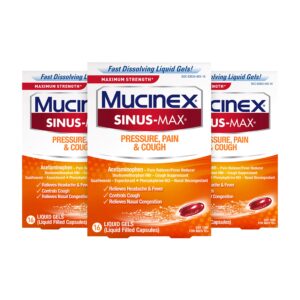 mucinex sinus-max maximum strength pressure, pain & cough, sinus symptom relief, pain reliever, cough suppressant, expectorant and nasal decongestant, 16 liquid gels (pack of 3)