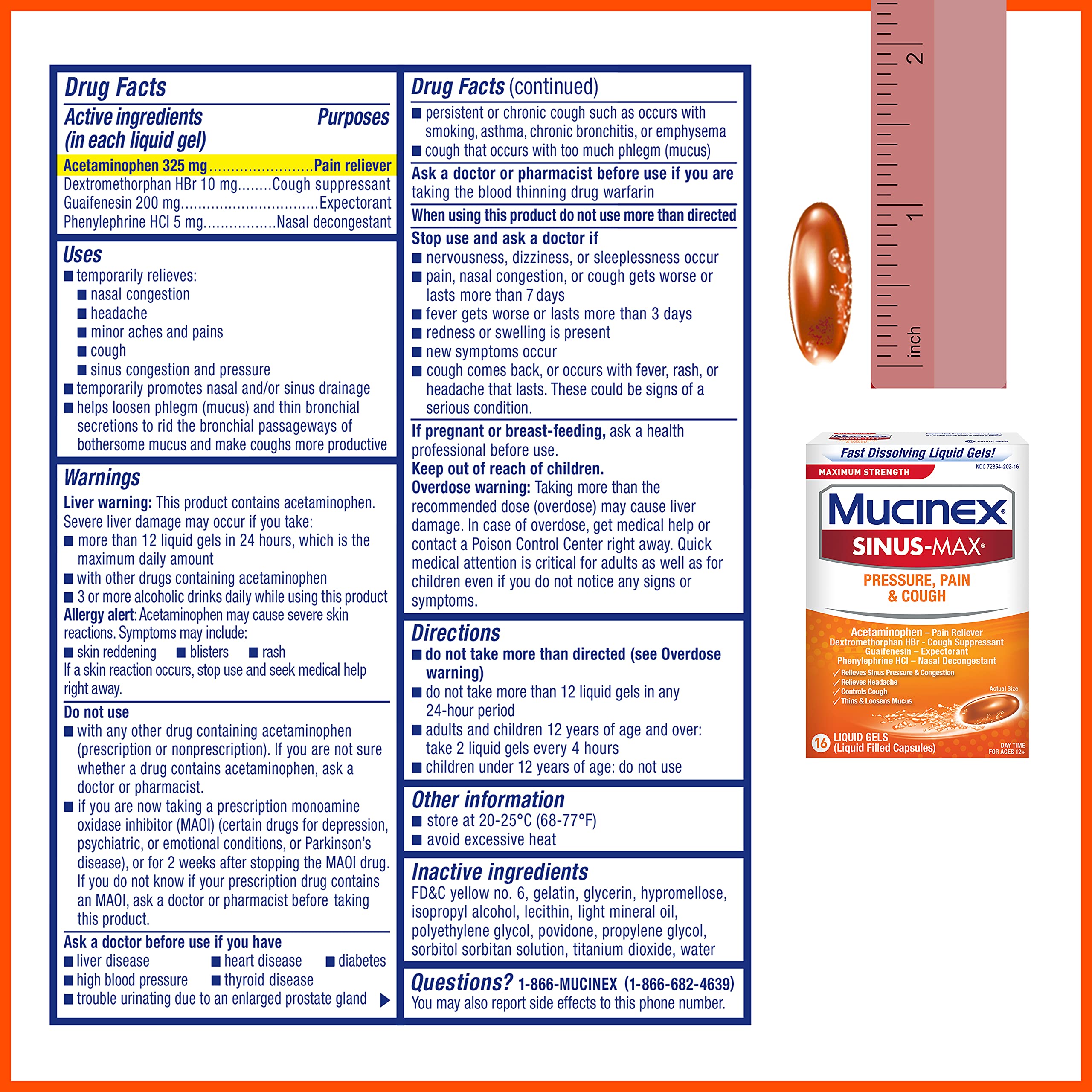 Mucinex Sinus-Max Maximum Strength Pressure, Pain & Cough, Sinus Symptom Relief, Pain Reliever, Cough Suppressant, Expectorant and Nasal Decongestant, 16 Liquid Gels (Pack of 3)