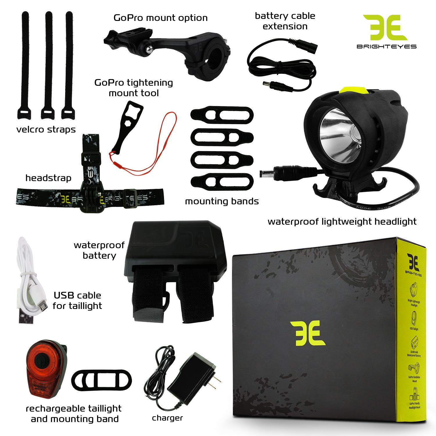 BRIGHT EYES 1800 Lumen Bicycle Light Set - The Stamina - Super Bright Headlight w/Quad Cree Technology and Light Weight Military Grade Nylon Shell - Free USB Rechargeable Taillight