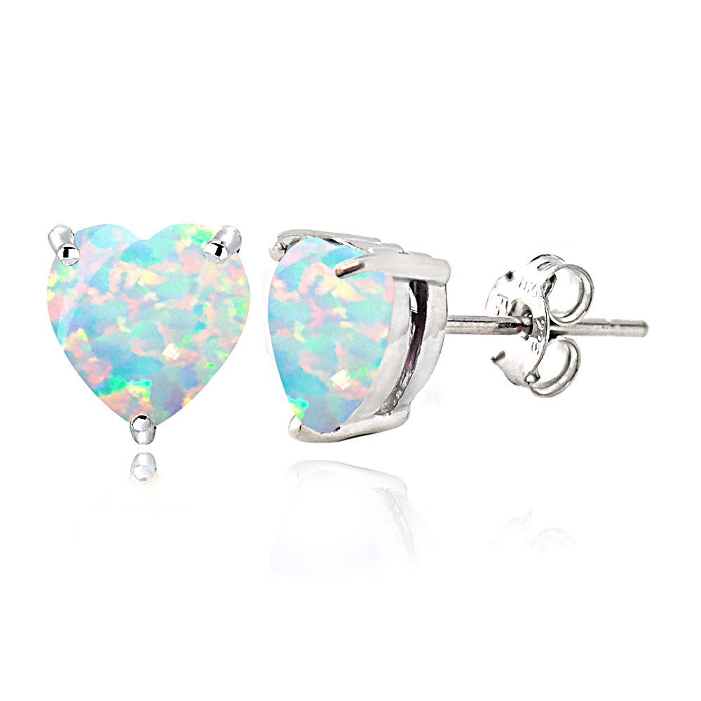 Sterling Silver Created White Opal Heart Stud Earrings, 7mm