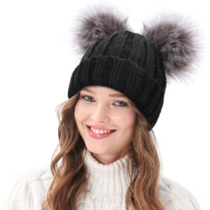 Arctic Paw Women's Black Beanie for Winter Chunky Knit Pompom Ski Snowboard Beanie Hat